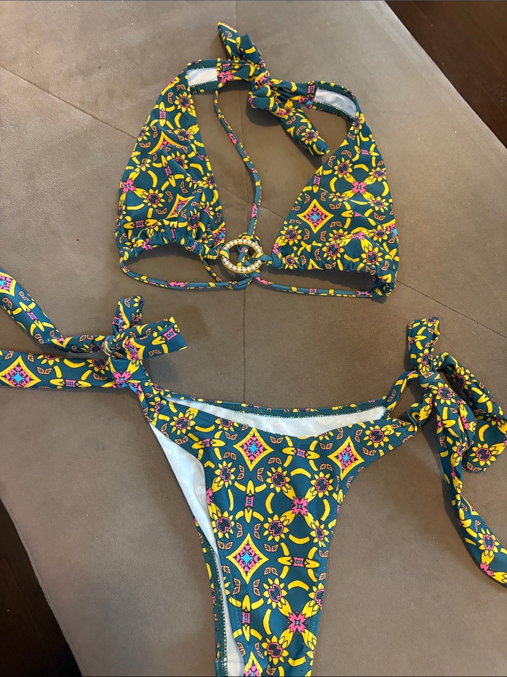 SHEIN Green Floral Tie-Side Bikini with Yellow & Pink Accents